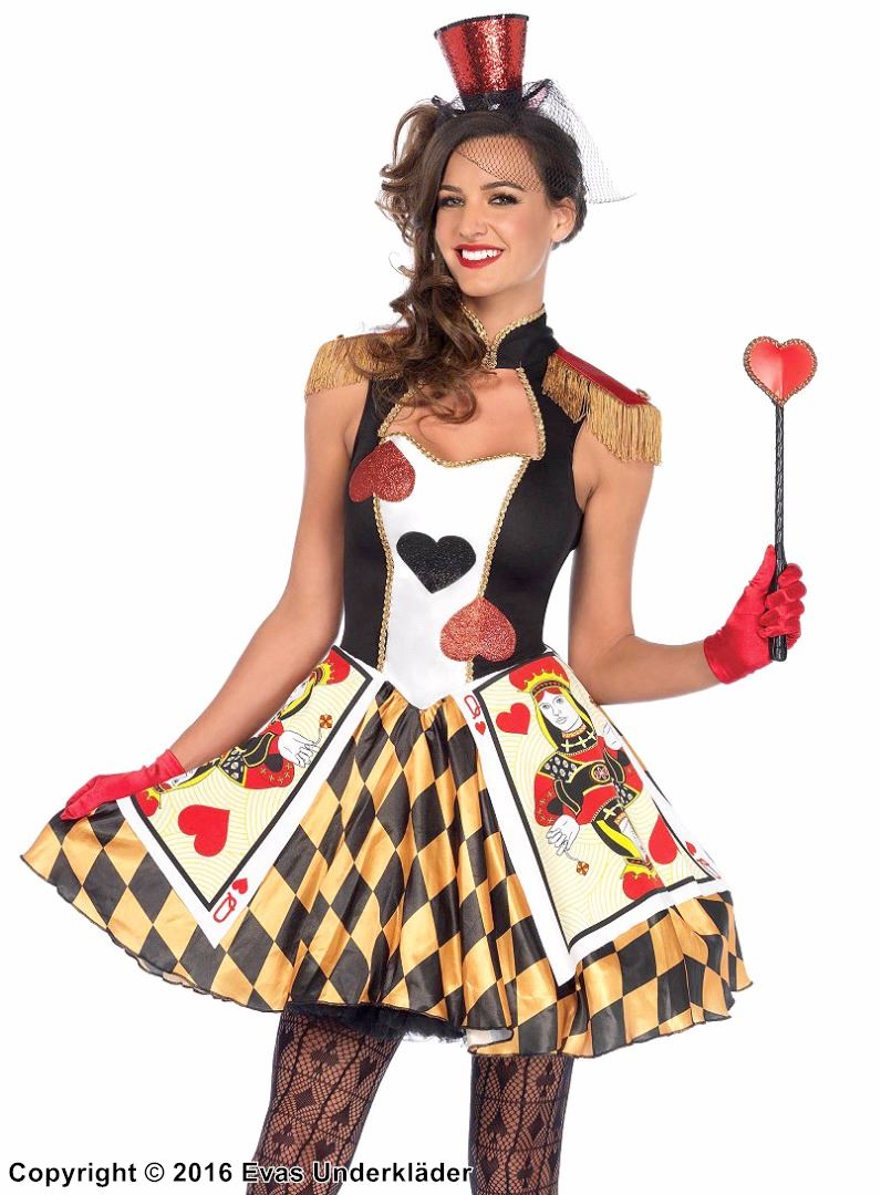 Female Queen's card guard from Alice in Wonderland, costume dress, glitter, epaulette, hearts